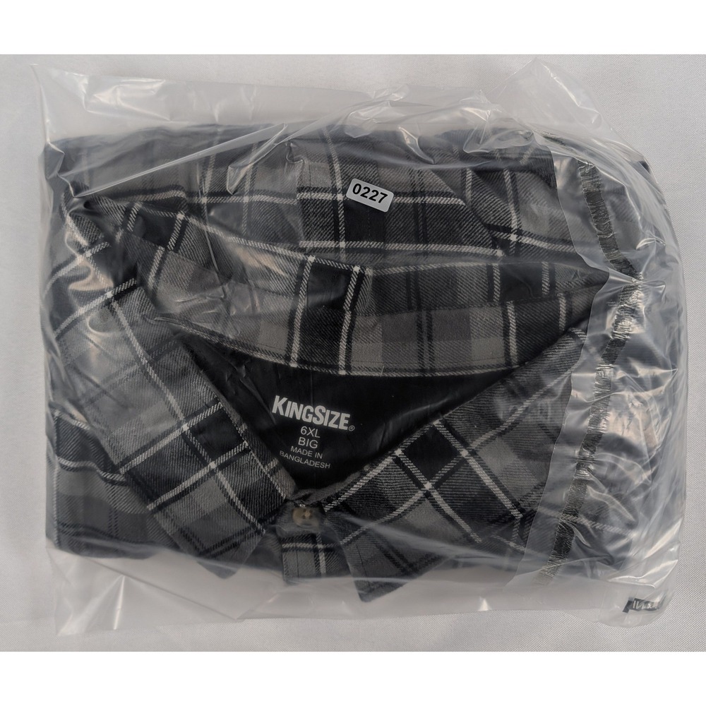 KingSize Mens 6XL Long Sleeve Flannel Shirt Grey Black Plaid Button Down Pocket - Picture 10 of 10